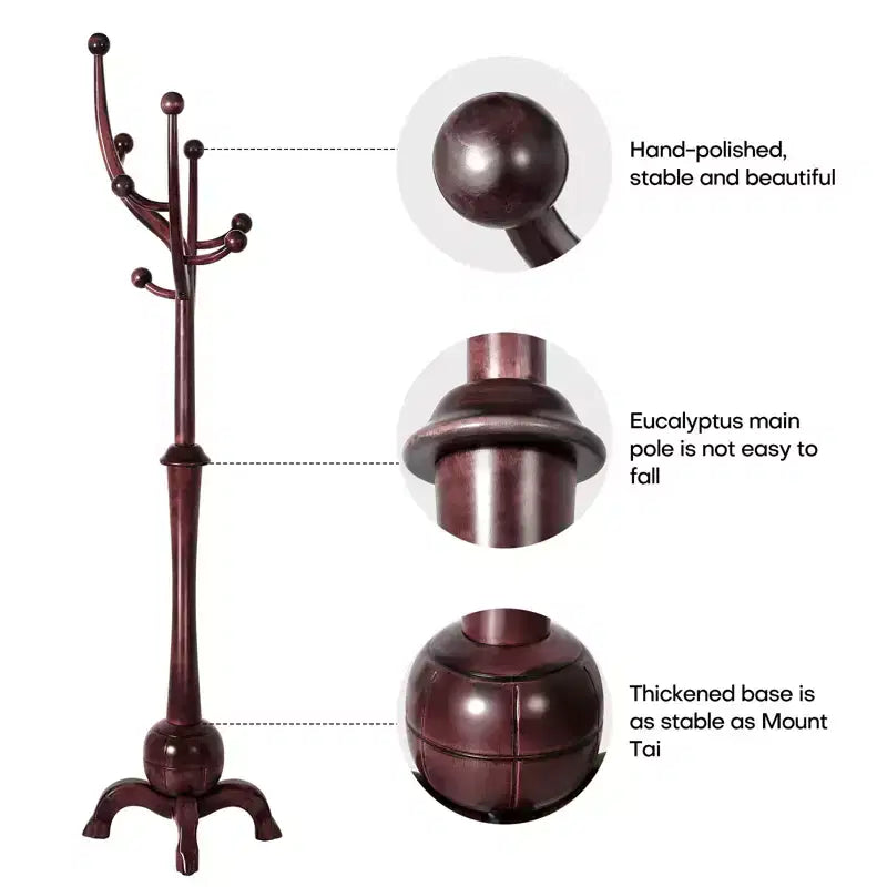 Porte-Manteau sur Pied en Bois Massif, Support de Manteau avec 8 Crochets en Forme de Branches d'Arbre, Base Sphérique Stable, 72,5 kg