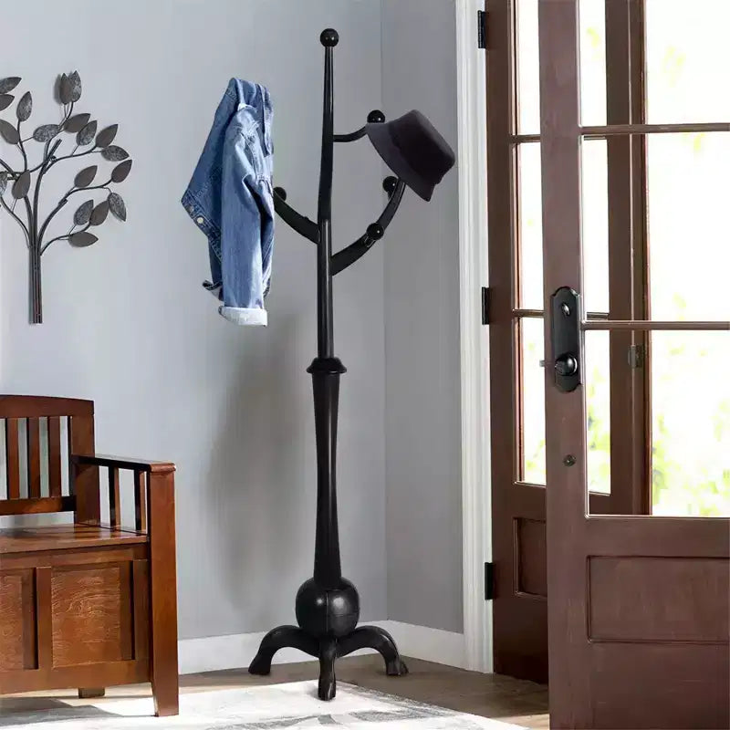 Porte-Manteau sur Pied en Bois Massif, Support de Manteau avec 8 Crochets en Forme de Branches d'Arbre, Base Sphérique Stable, 72,5 kg