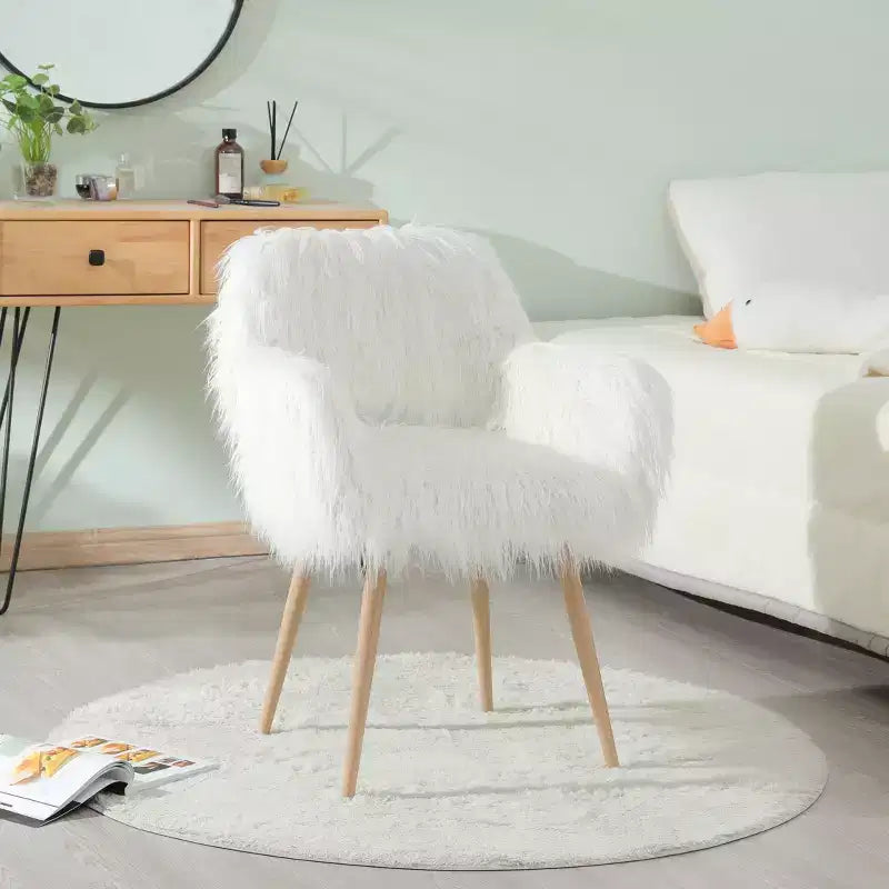 TUYOHW Faux Fur Upholstered Makeup Chair,Side Dining Chair with Beech Pattern Metal Legs,Elegant Accent Chair for Living Room,Bedroom,Guest Room,White