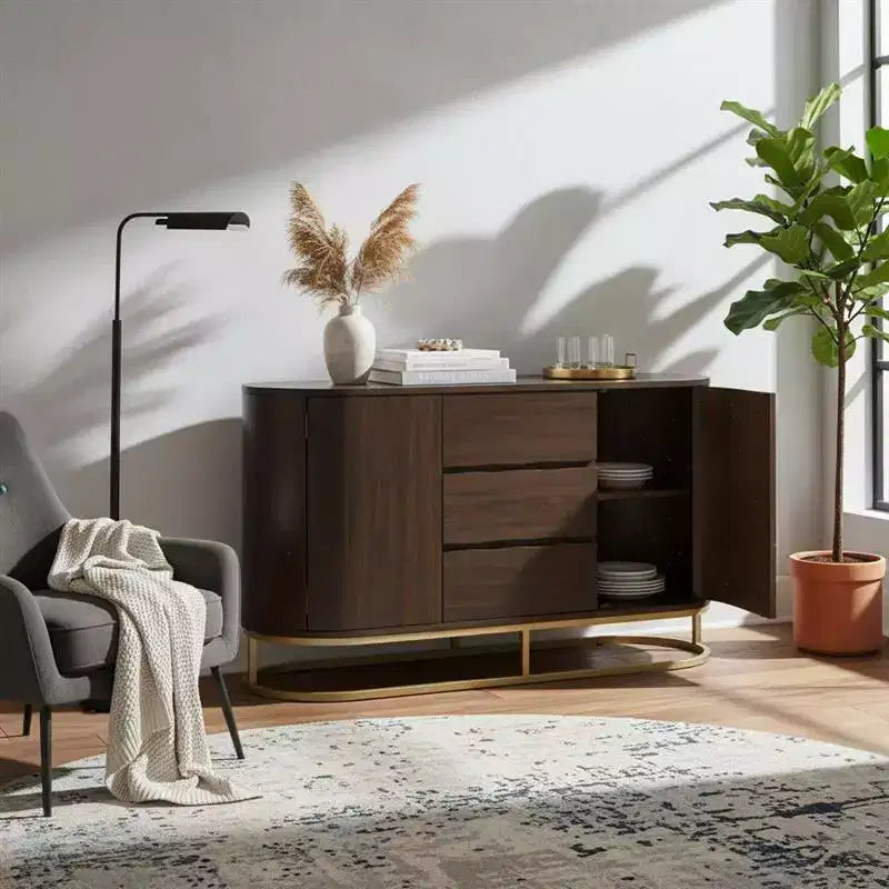 Bahut moderne avec tiroirs, portes à ouverture par pression et rangements à compartiments