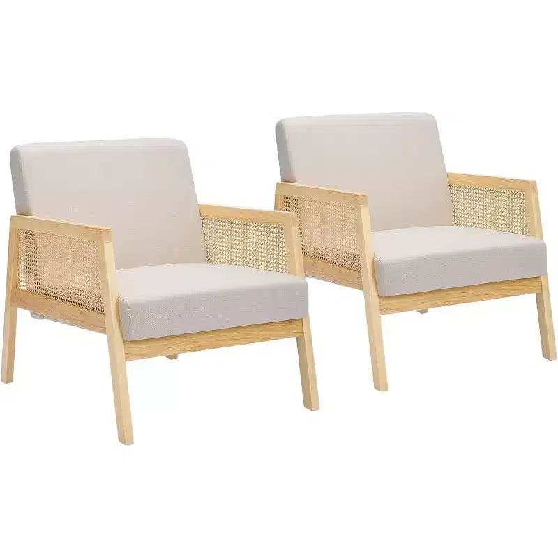 Acekool Set of 2 Mid Century Modern Accent Chairs, Rattan Armrest, Upholstered Linen, Wooden Legs, for Living Room, Bedroom, White