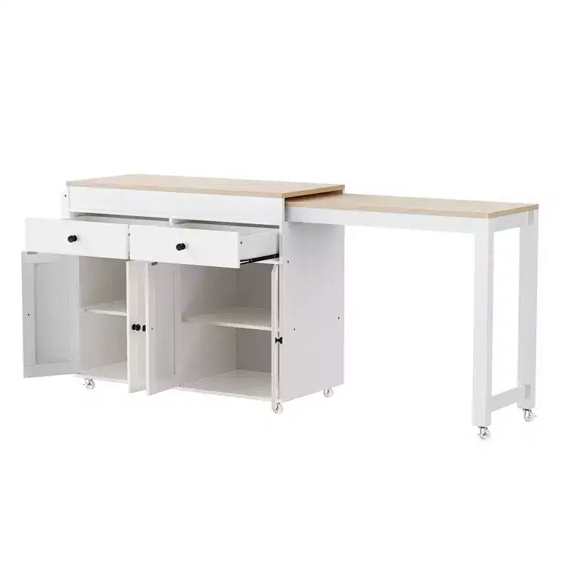 75 Îlot de cuisine avec table à manger extensible, Îlot de cuisine roulant sur roulettes avec étagère à épices et 2 tiroirs, Armoire à 4 portes