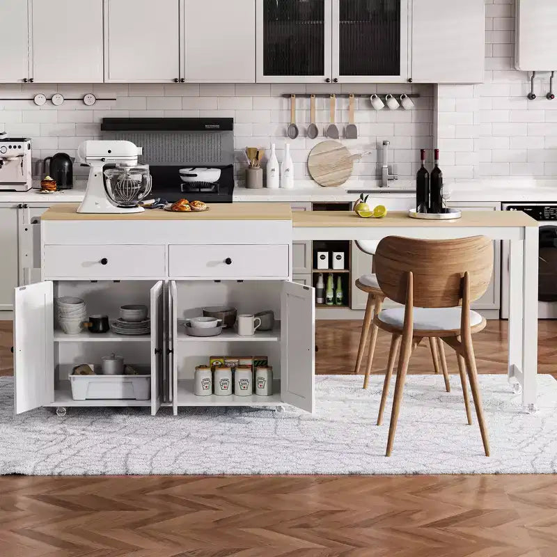 75 Îlot de cuisine avec table à manger extensible, Îlot de cuisine roulant sur roulettes avec étagère à épices et 2 tiroirs, Armoire à 4 portes