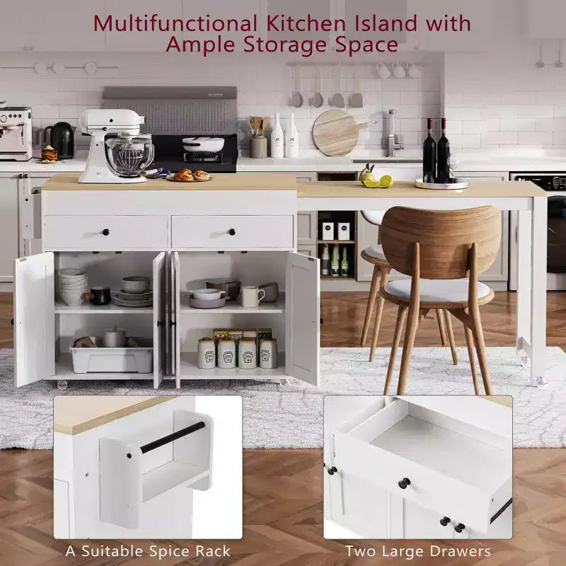 75 Îlot de cuisine avec table à manger extensible, Îlot de cuisine roulant sur roulettes avec étagère à épices et 2 tiroirs, Armoire à 4 portes