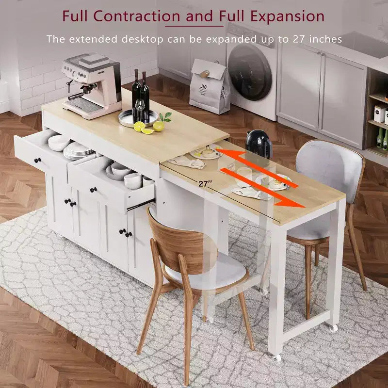 75 Îlot de cuisine avec table à manger extensible, Îlot de cuisine roulant sur roulettes avec étagère à épices et 2 tiroirs, Armoire à 4 portes