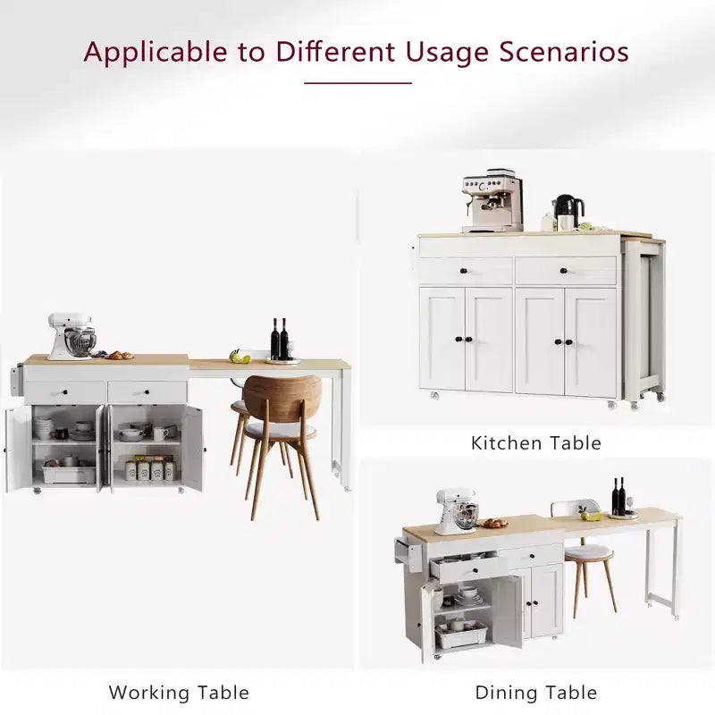 75 Îlot de cuisine avec table à manger extensible, Îlot de cuisine roulant sur roulettes avec étagère à épices et 2 tiroirs, Armoire à 4 portes