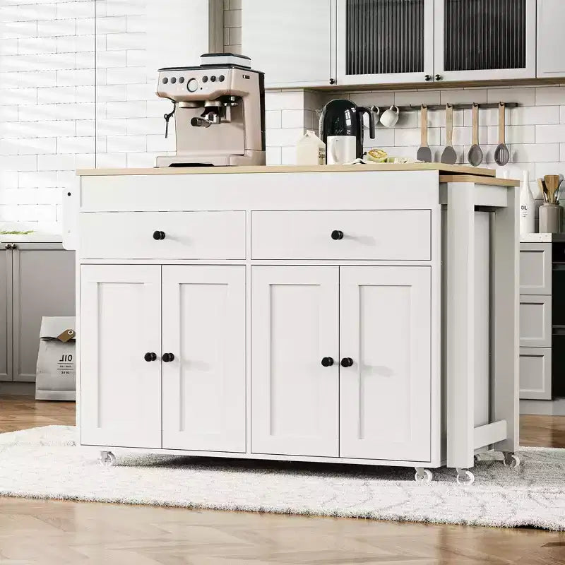 75 Îlot de cuisine avec table à manger extensible, Îlot de cuisine roulant sur roulettes avec étagère à épices et 2 tiroirs, Armoire à 4 portes