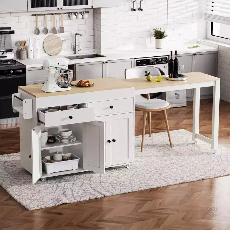 75 Îlot de cuisine avec table à manger extensible, Îlot de cuisine roulant sur roulettes avec étagère à épices et 2 tiroirs, Armoire à 4 portes