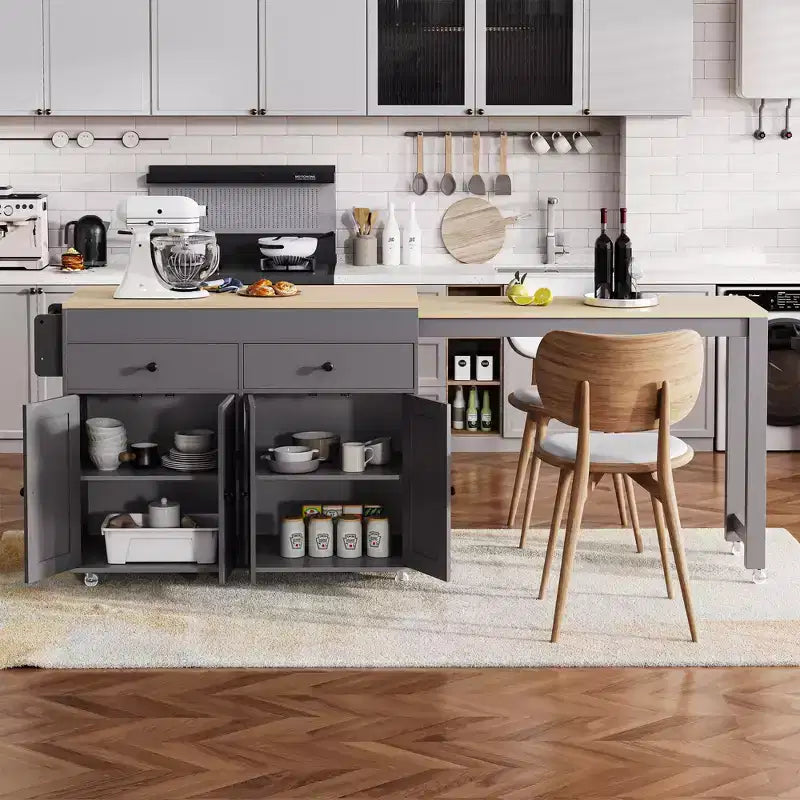 75 Îlot de cuisine avec table à manger extensible, Îlot de cuisine roulant sur roulettes avec étagère à épices et 2 tiroirs, Armoire à 4 portes