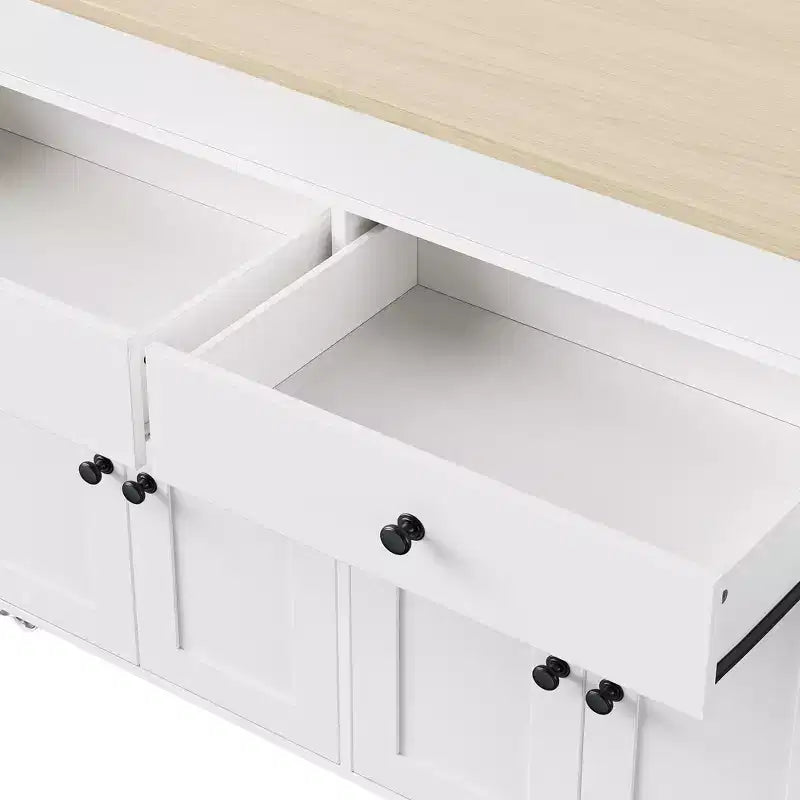 75 Îlot de cuisine avec table à manger extensible, Îlot de cuisine roulant sur roulettes avec étagère à épices et 2 tiroirs, Armoire à 4 portes
