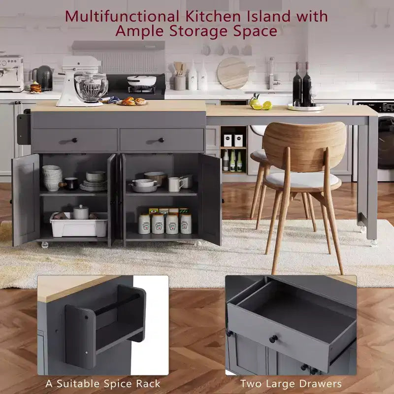 75 Îlot de cuisine avec table à manger extensible, Îlot de cuisine roulant sur roulettes avec étagère à épices et 2 tiroirs, Armoire à 4 portes