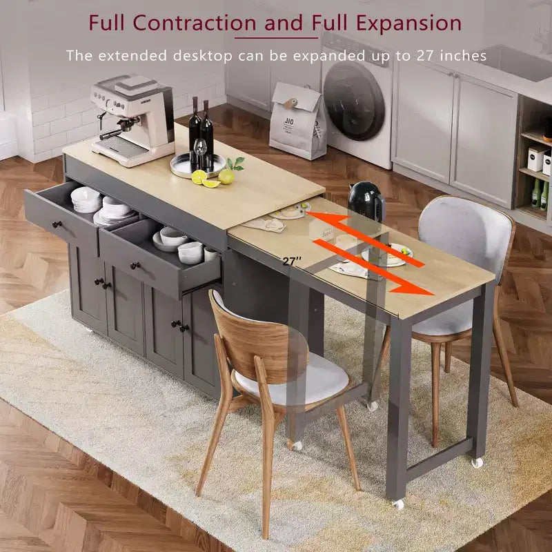 75 Îlot de cuisine avec table à manger extensible, Îlot de cuisine roulant sur roulettes avec étagère à épices et 2 tiroirs, Armoire à 4 portes