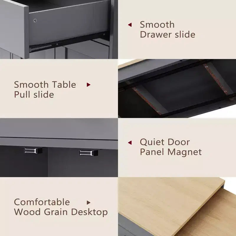 75 Îlot de cuisine avec table à manger extensible, Îlot de cuisine roulant sur roulettes avec étagère à épices et 2 tiroirs, Armoire à 4 portes