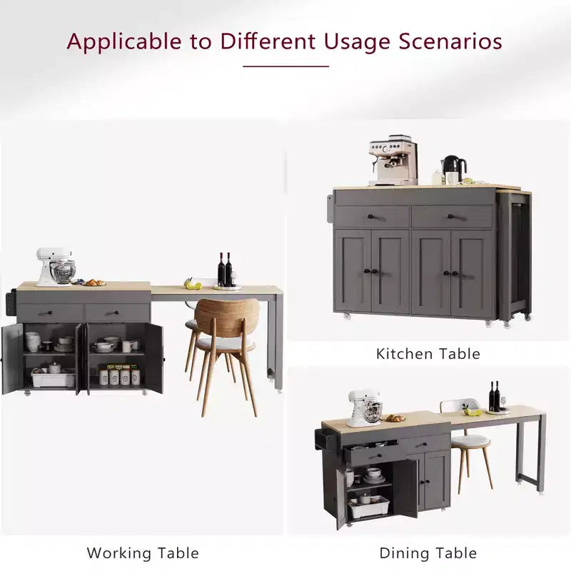 75 Îlot de cuisine avec table à manger extensible, Îlot de cuisine roulant sur roulettes avec étagère à épices et 2 tiroirs, Armoire à 4 portes