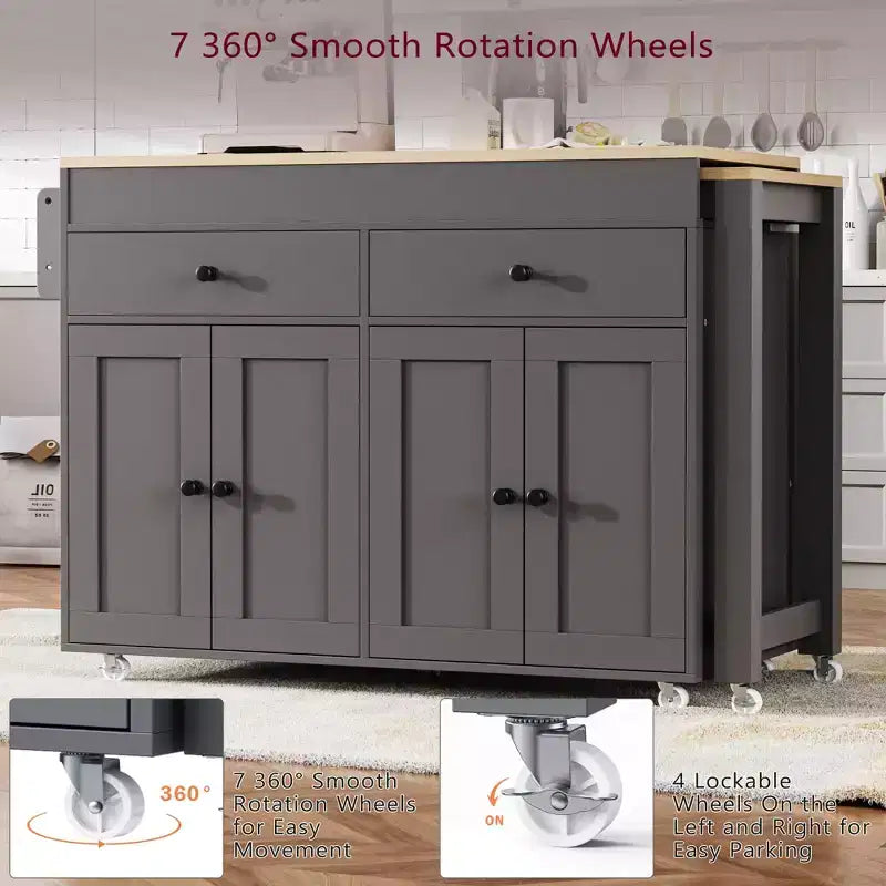 75 Îlot de cuisine avec table à manger extensible, Îlot de cuisine roulant sur roulettes avec étagère à épices et 2 tiroirs, Armoire à 4 portes