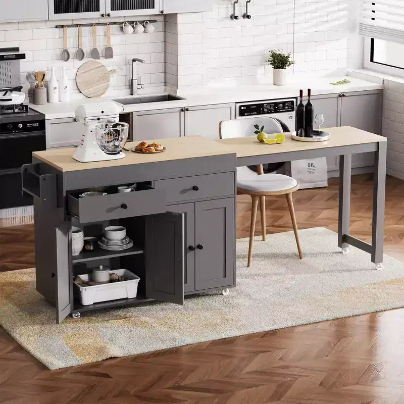 75 Îlot de cuisine avec table à manger extensible, Îlot de cuisine roulant sur roulettes avec étagère à épices et 2 tiroirs, Armoire à 4 portes