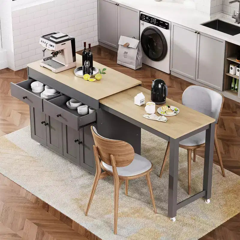 Bestier 75 Kitchen Island with Extendable Dining Table, Rolling Kitchen Island on Wheels with Spice Rack and 2 Drawers, 4 Door Cabinet