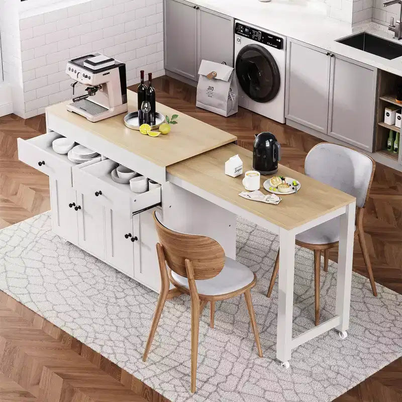 75 Îlot de cuisine avec table à manger extensible, Îlot de cuisine roulant sur roulettes avec étagère à épices et 2 tiroirs, Armoire à 4 portes