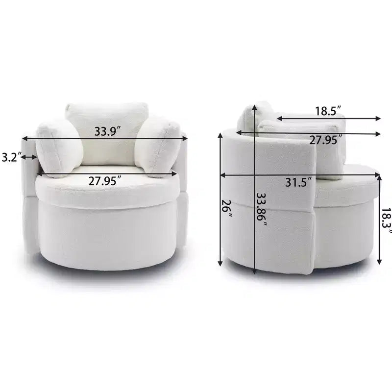 Fauteuil pivotant en tissu Teddy, fauteuil de salon rotatif avec 3 coussins décoratifs, base noire, rangement, coussin de dossier, fauteuil d'appoint pour salon, chambre