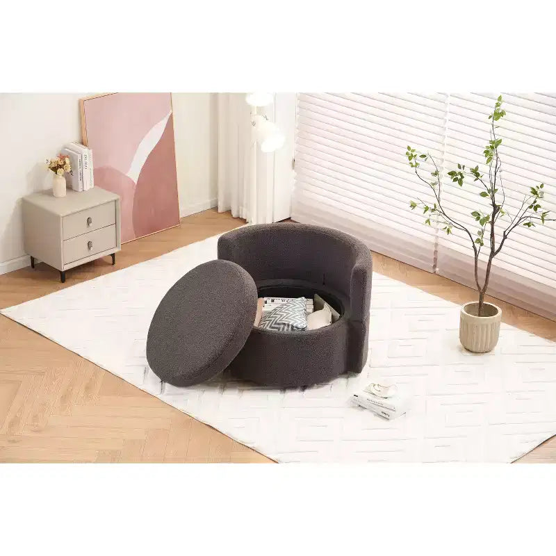 Fauteuil pivotant en tissu Teddy, fauteuil de salon rotatif avec 3 coussins décoratifs, base noire, rangement, coussin de dossier, fauteuil d'appoint pour salon, chambre
