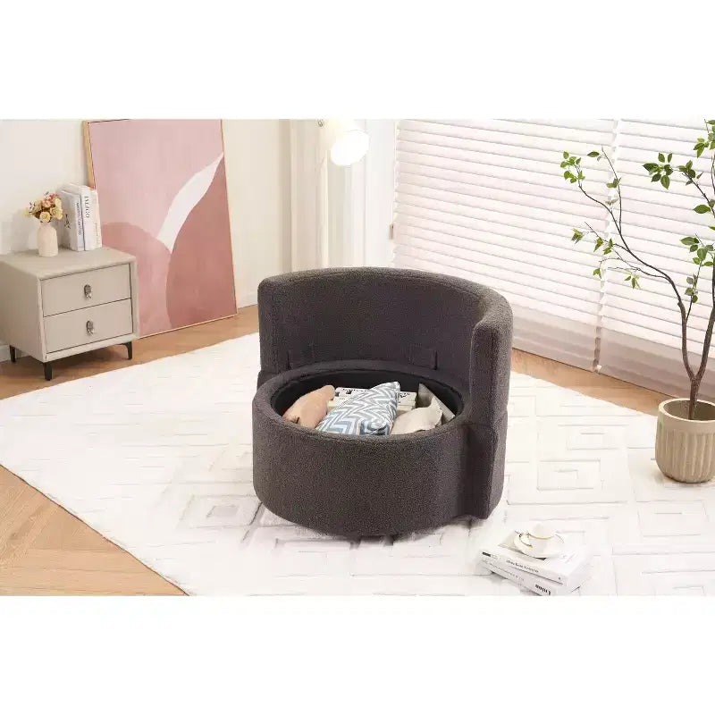 Fauteuil pivotant en tissu Teddy, fauteuil de salon rotatif avec 3 coussins décoratifs, base noire, rangement, coussin de dossier, fauteuil d'appoint pour salon, chambre
