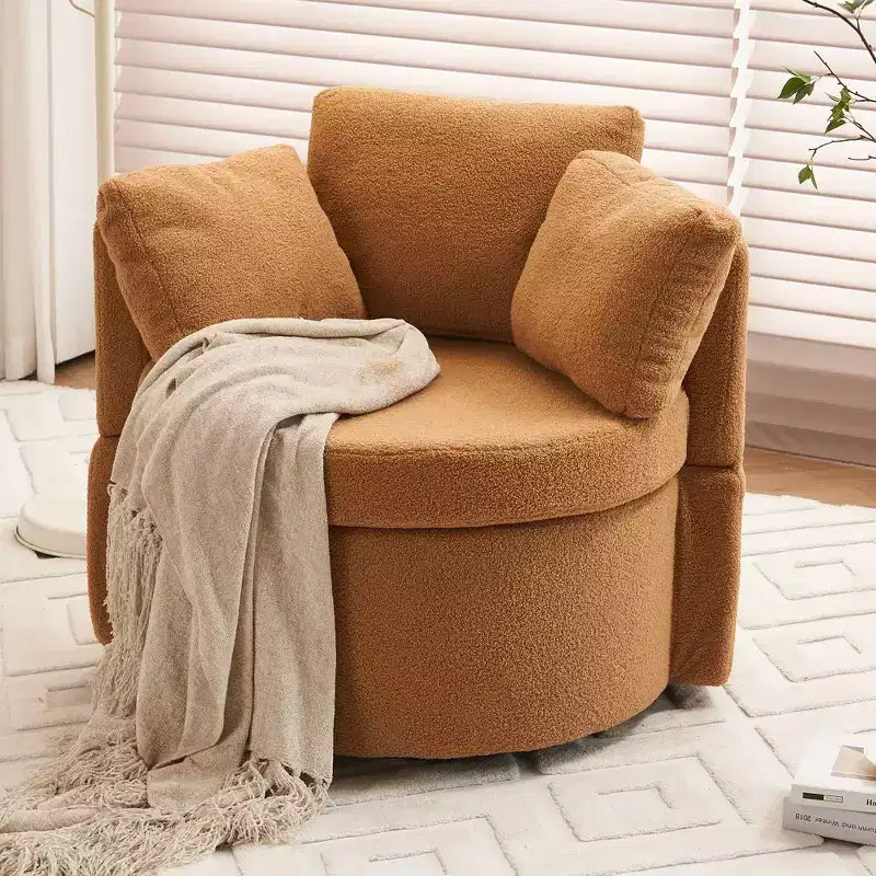 TUYOHW Teddy Fabric Swivel Chair,Rotating Lounge Chair with 3 Throw Pillows,Black Base,Storage,Back Cushion,Accent Chair for Living Room,Bedroom