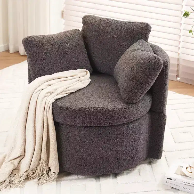 Fauteuil pivotant en tissu Teddy, fauteuil de salon rotatif avec 3 coussins décoratifs, base noire, rangement, coussin de dossier, fauteuil d'appoint pour salon, chambre