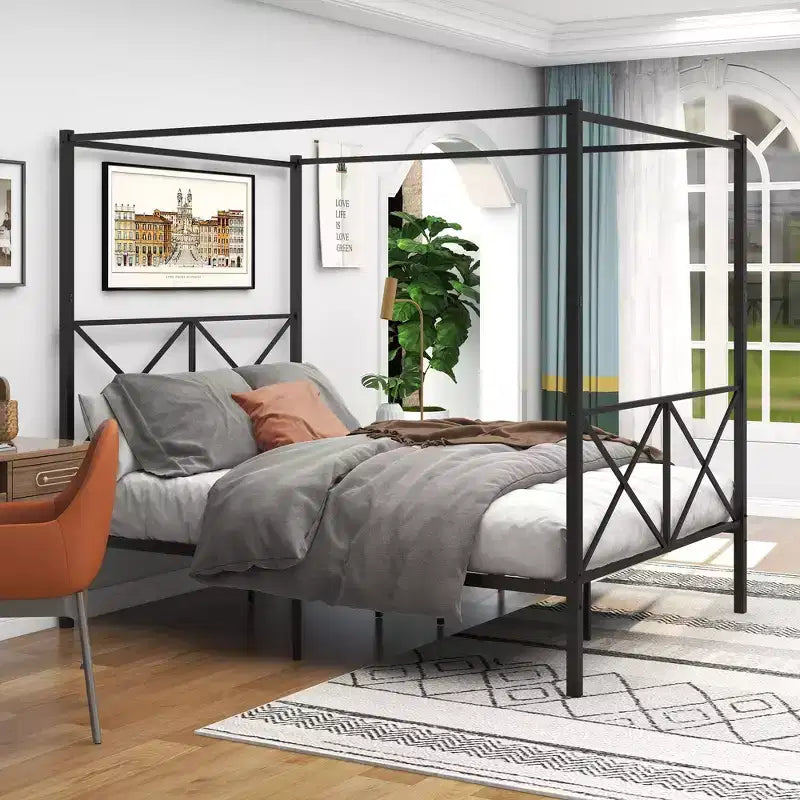 MAYEERTY Queen Size Metal Canopy Bed Frame with Vintage Headboard &amp; Footboard, Noise-Free for Bedroom