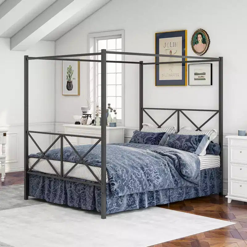 Lit à baldaquin Queen Size en métal avec tête et pied de lit vintage, sans bruit pour la chambre à coucher