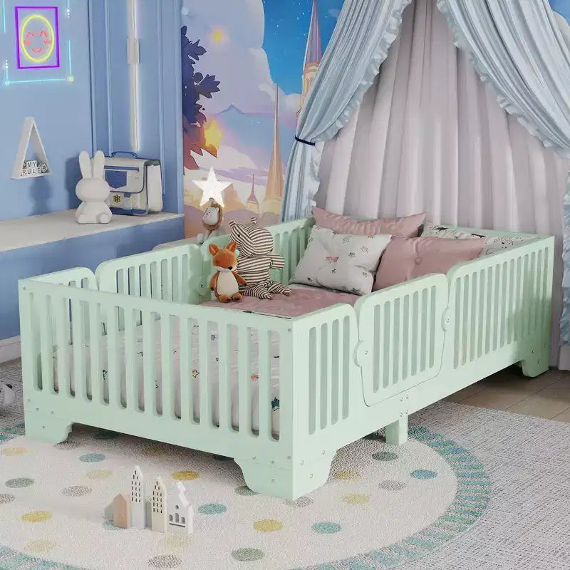 Whisen Twin Size Floor Bed, Montessori Floor Beds Frame with Slats and Fence, Door