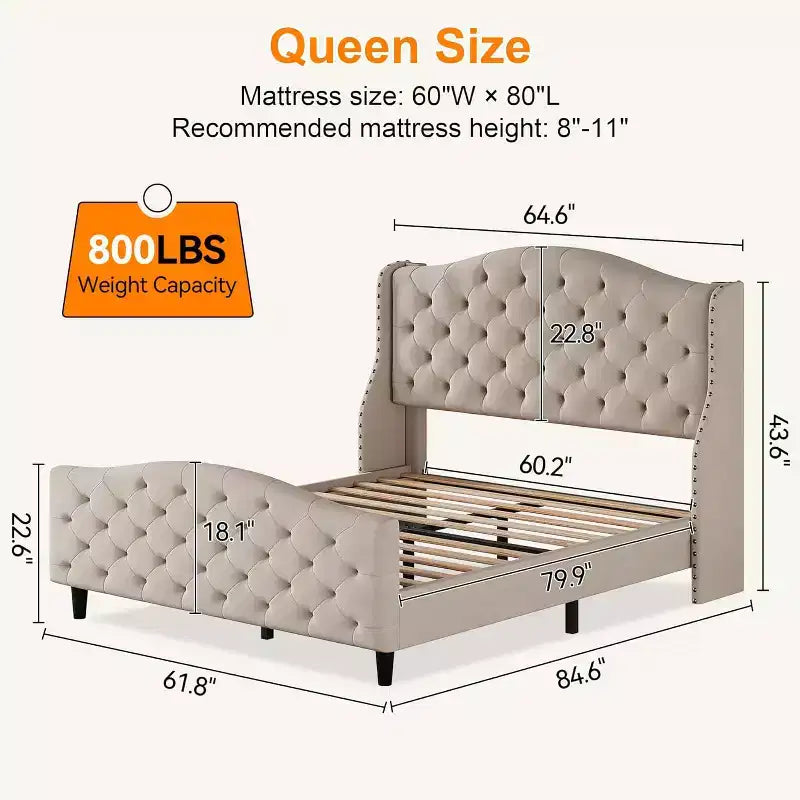 Cadre de lit Queen Size en velours capitonné avec tête de lit à oreilles