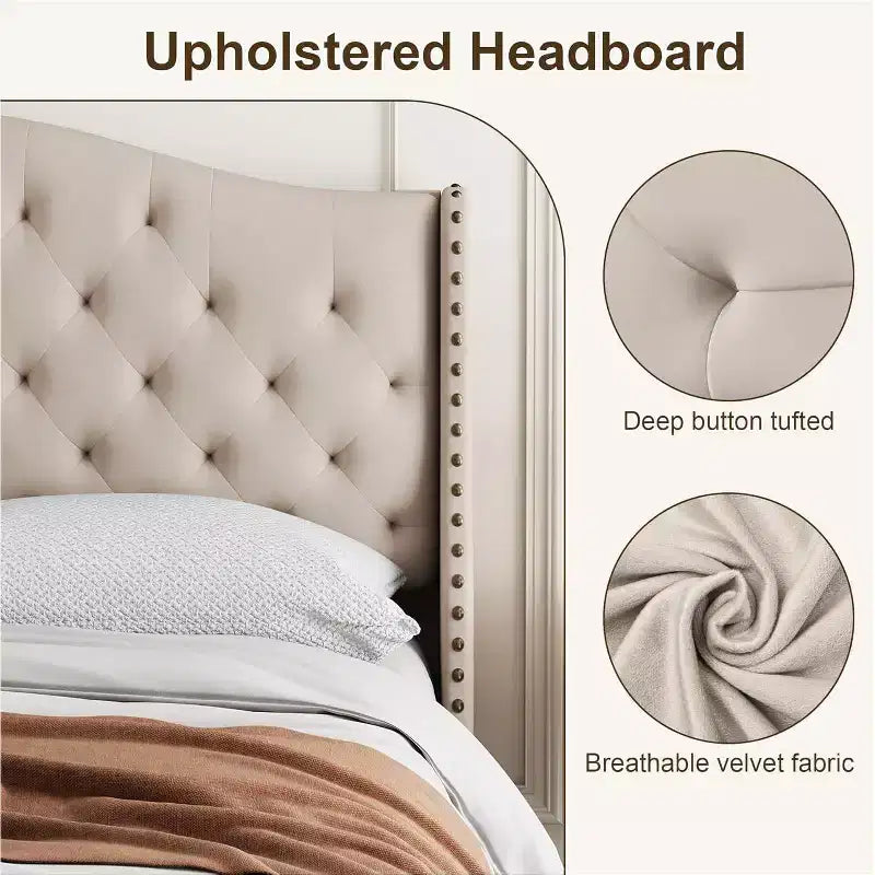 Cadre de lit Queen Size en velours capitonné avec tête de lit à oreilles
