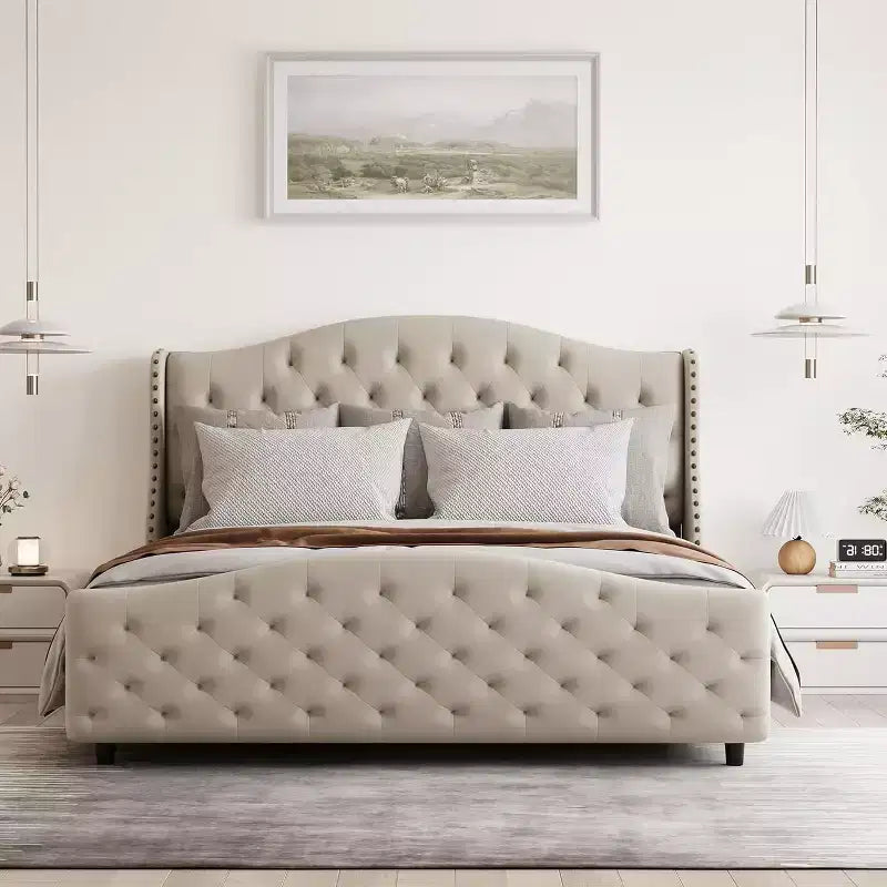 COZONY Queen Size Velvet Upholstered Bed Frame with Wingback Headboard