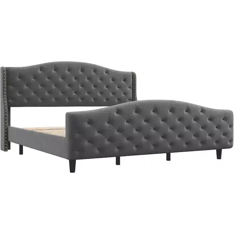 Cadre de lit Queen Size en velours capitonné avec tête de lit à oreilles