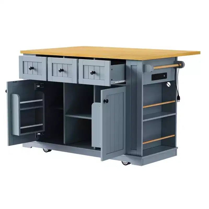 Îlot de cuisine, Chariot roulant avec prise électrique, Extension rabattable, 5 roues, 3 tiroirs, porte et étagère de rangement intérieure pour salle à manger