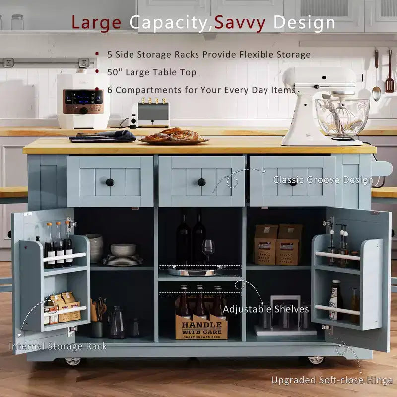 Îlot de cuisine, Chariot roulant avec prise électrique, Extension rabattable, 5 roues, 3 tiroirs, porte et étagère de rangement intérieure pour salle à manger