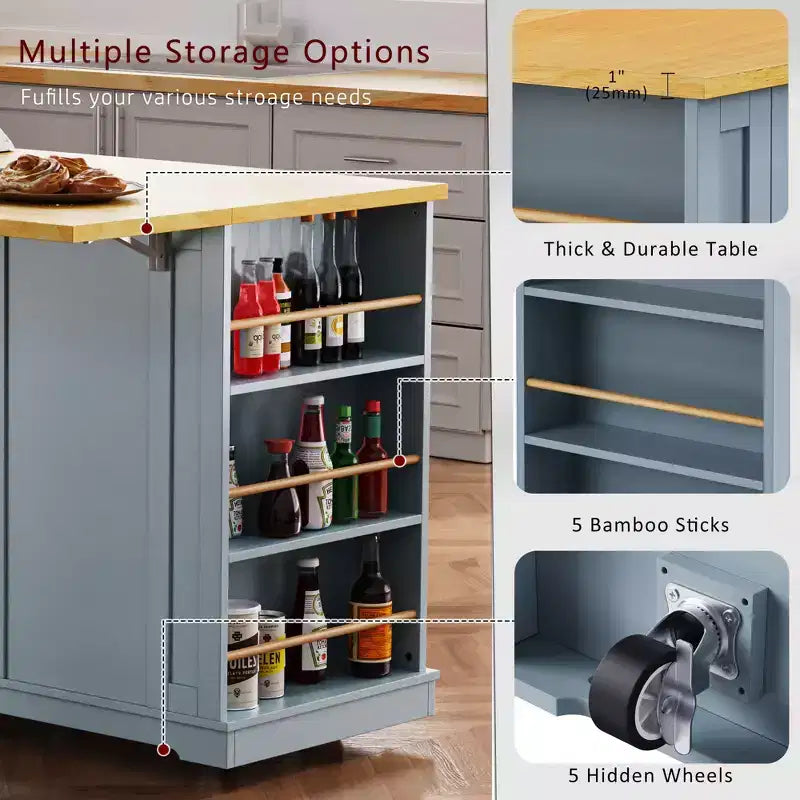 Îlot de cuisine, Chariot roulant avec prise électrique, Extension rabattable, 5 roues, 3 tiroirs, porte et étagère de rangement intérieure pour salle à manger