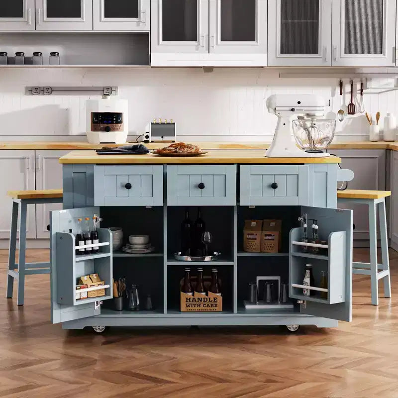 Îlot de cuisine, Chariot roulant avec prise électrique, Extension rabattable, 5 roues, 3 tiroirs, porte et étagère de rangement intérieure pour salle à manger