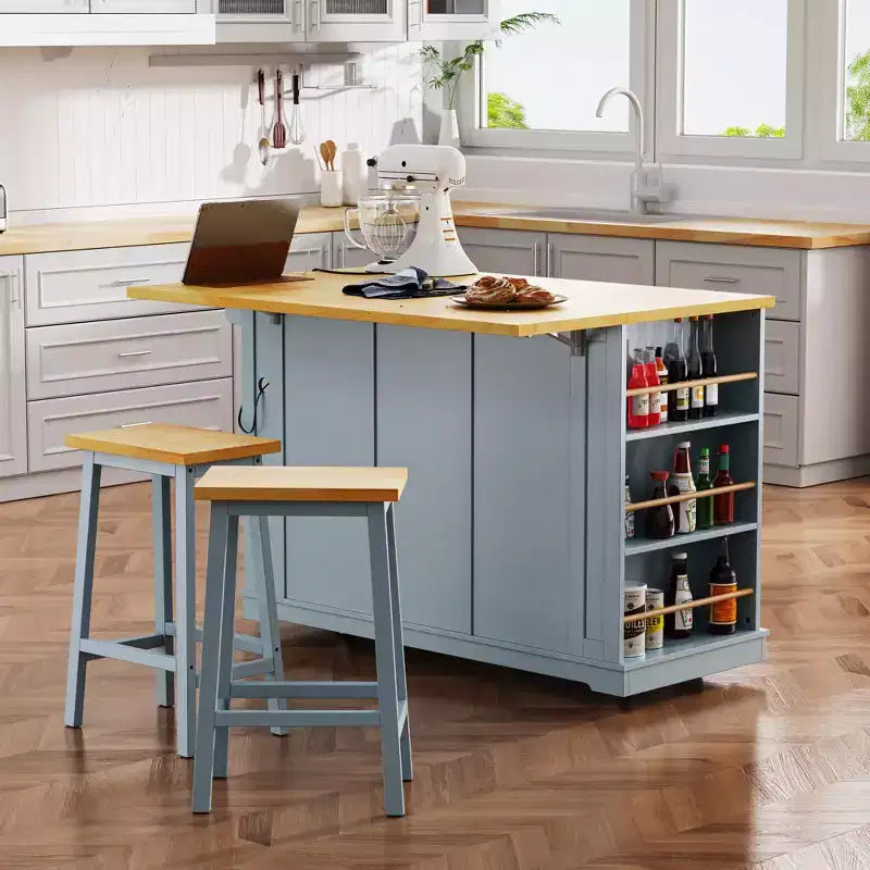 Îlot de cuisine, Chariot roulant avec prise électrique, Extension rabattable, 5 roues, 3 tiroirs, porte et étagère de rangement intérieure pour salle à manger