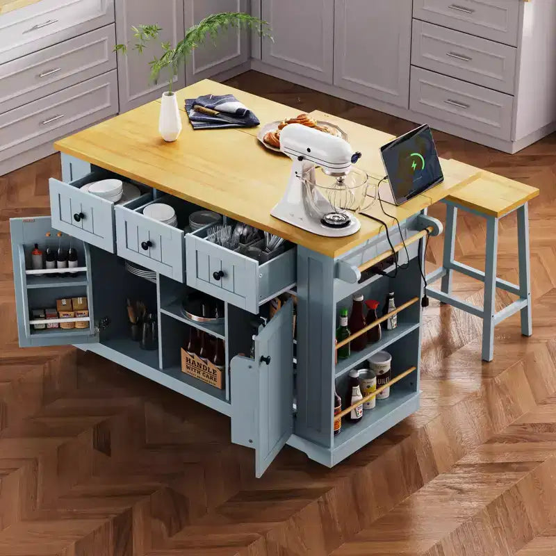 Îlot de cuisine, Chariot roulant avec prise électrique, Extension rabattable, 5 roues, 3 tiroirs, porte et étagère de rangement intérieure pour salle à manger