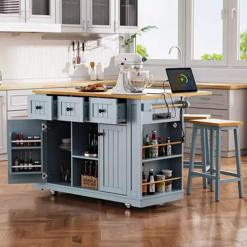 Îlot de cuisine, Chariot roulant avec prise électrique, Extension rabattable, 5 roues, 3 tiroirs, porte et étagère de rangement intérieure pour salle à manger