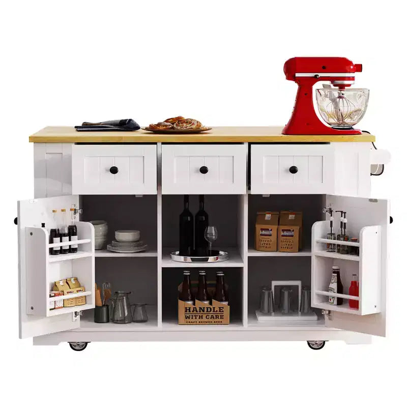 Îlot de cuisine, Chariot roulant avec prise électrique, Extension rabattable, 5 roues, 3 tiroirs, porte et étagère de rangement intérieure pour salle à manger