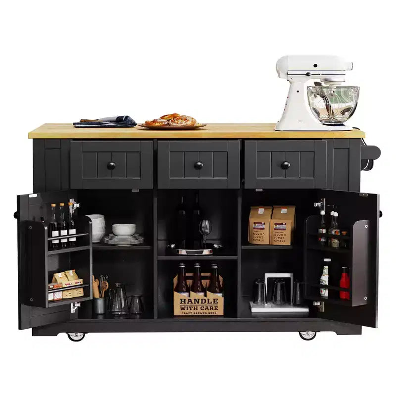 Îlot de cuisine, Chariot roulant avec prise électrique, Extension rabattable, 5 roues, 3 tiroirs, porte et étagère de rangement intérieure pour salle à manger