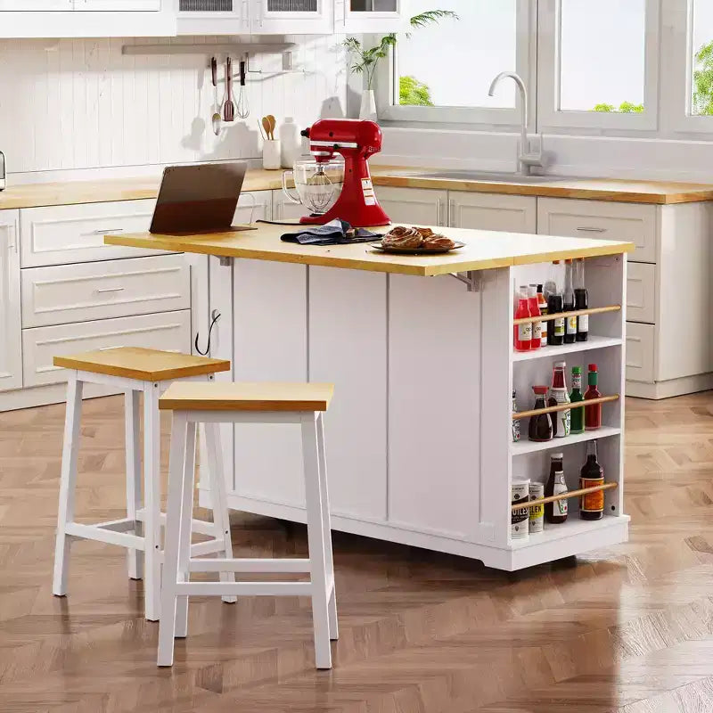 Îlot de cuisine, Chariot roulant avec prise électrique, Extension rabattable, 5 roues, 3 tiroirs, porte et étagère de rangement intérieure pour salle à manger