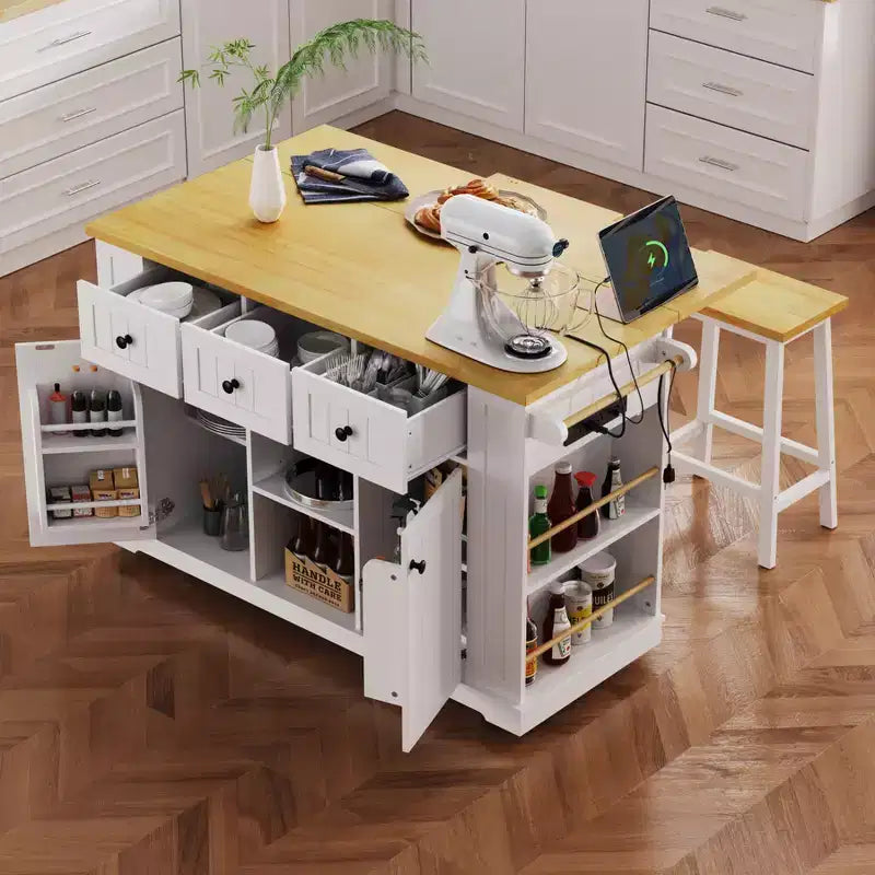 Îlot de cuisine, Chariot roulant avec prise électrique, Extension rabattable, 5 roues, 3 tiroirs, porte et étagère de rangement intérieure pour salle à manger