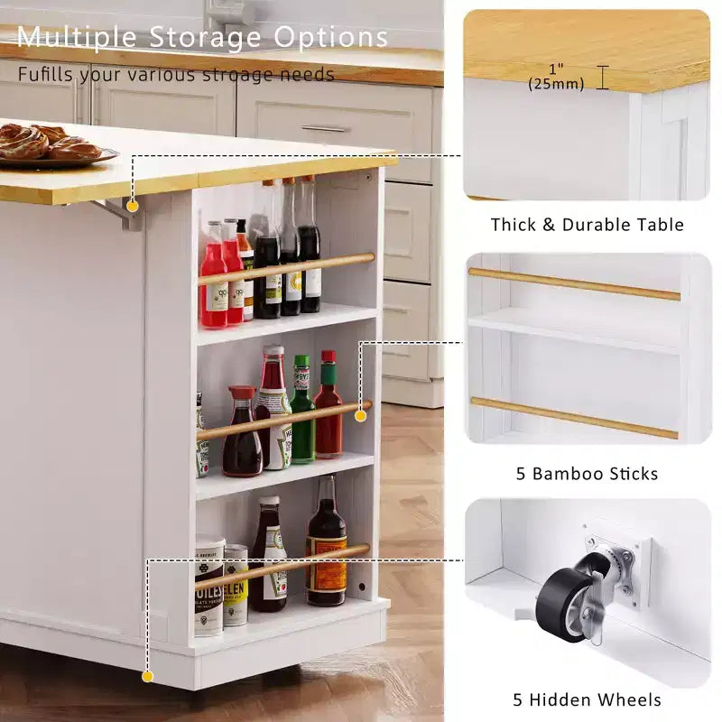Îlot de cuisine, Chariot roulant avec prise électrique, Extension rabattable, 5 roues, 3 tiroirs, porte et étagère de rangement intérieure pour salle à manger