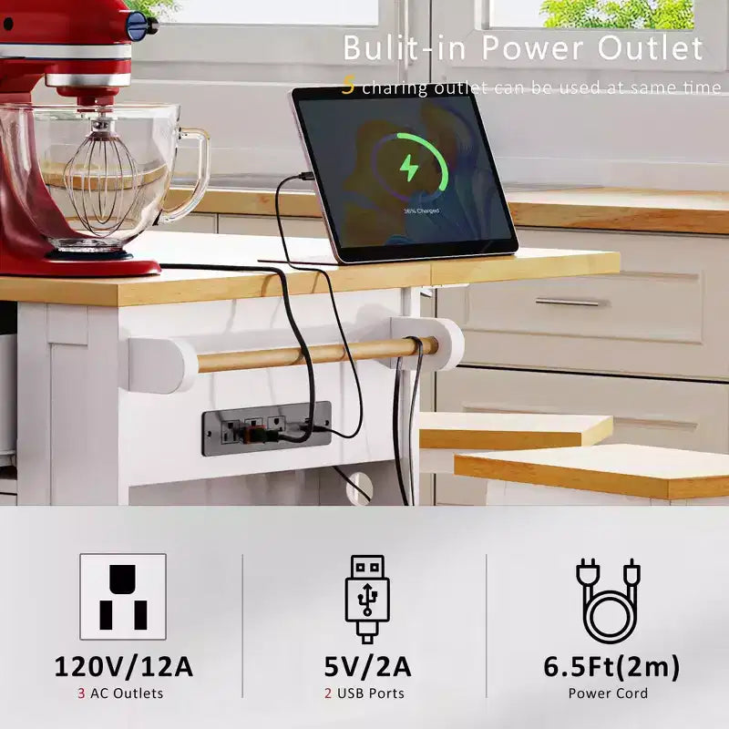 Îlot de cuisine, Chariot roulant avec prise électrique, Extension rabattable, 5 roues, 3 tiroirs, porte et étagère de rangement intérieure pour salle à manger