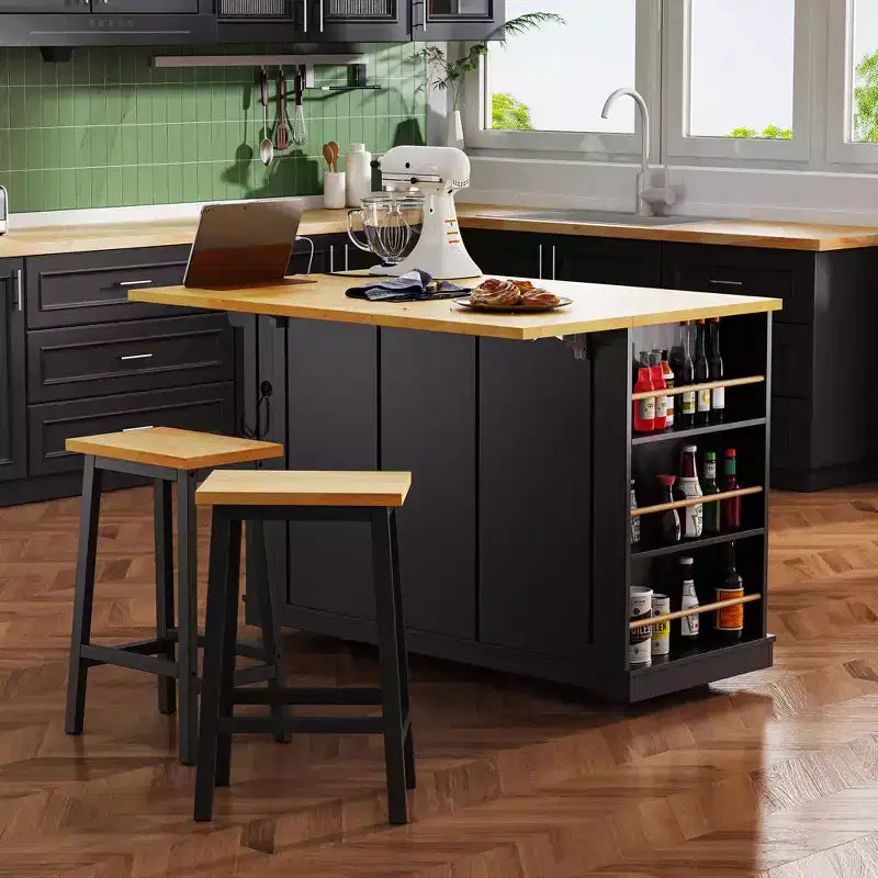 Îlot de cuisine, Chariot roulant avec prise électrique, Extension rabattable, 5 roues, 3 tiroirs, porte et étagère de rangement intérieure pour salle à manger