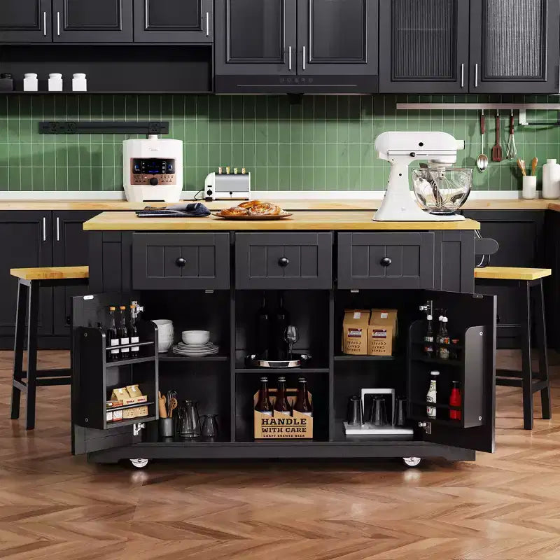 Îlot de cuisine, Chariot roulant avec prise électrique, Extension rabattable, 5 roues, 3 tiroirs, porte et étagère de rangement intérieure pour salle à manger
