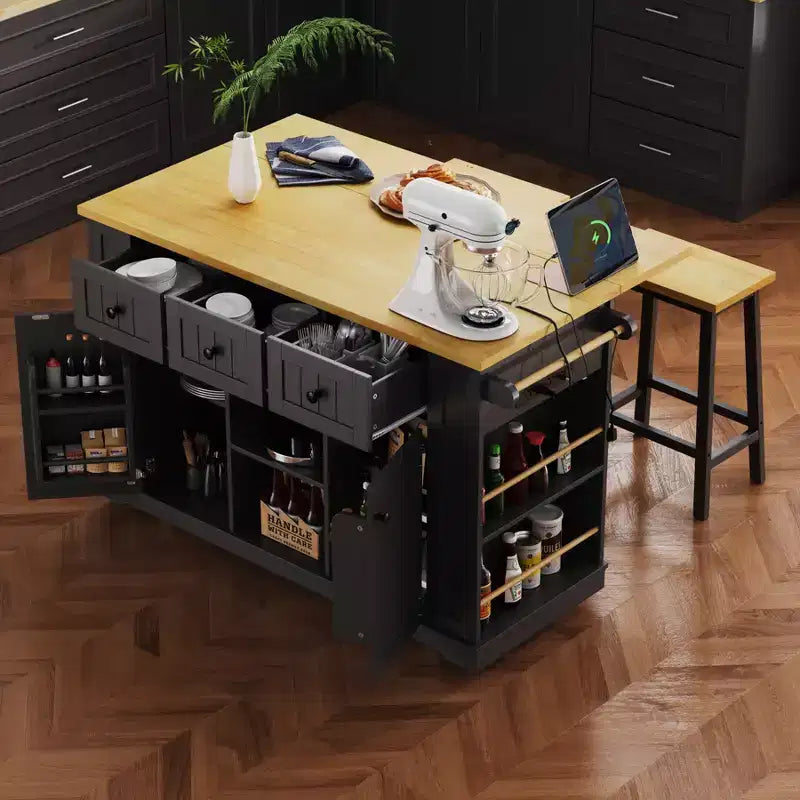 Îlot de cuisine, Chariot roulant avec prise électrique, Extension rabattable, 5 roues, 3 tiroirs, porte et étagère de rangement intérieure pour salle à manger